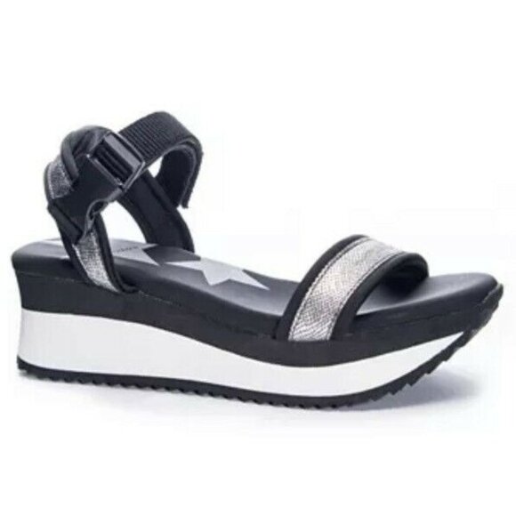 Dirty Laundry Womens Gung Ho Platform Wedge Sandal Black Silver Size 9 - Picture 1 of 11